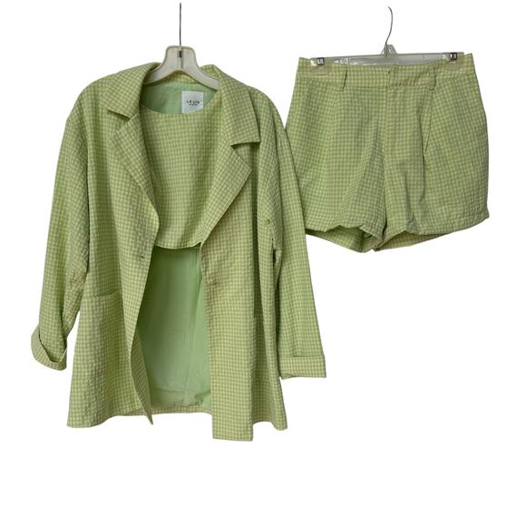 Le Lis Blazer Shorts Crop Top Green Yellow Gingham Plaid Suit 3 Pc Women's S/M - Picture 1 of 16